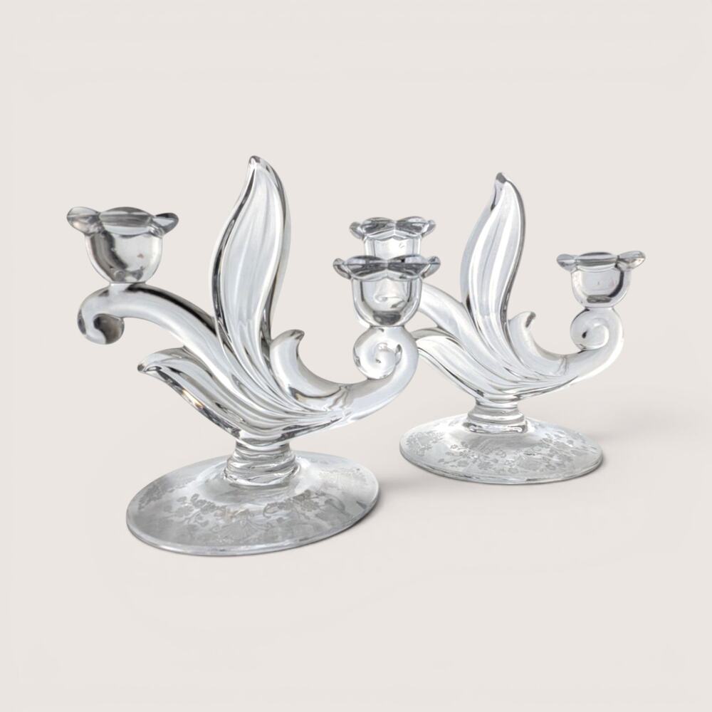 Mid-Century Duncan Miller First Love Crystal Double Candlestick Pair